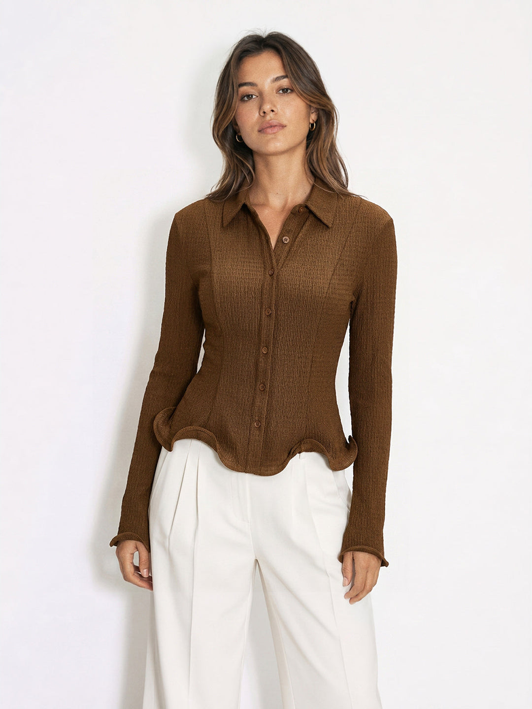 Textured Ruffle Hem Fitted Shirt