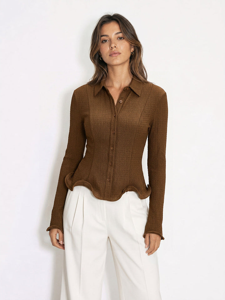 Textured Ruffle Hem Fitted Shirt