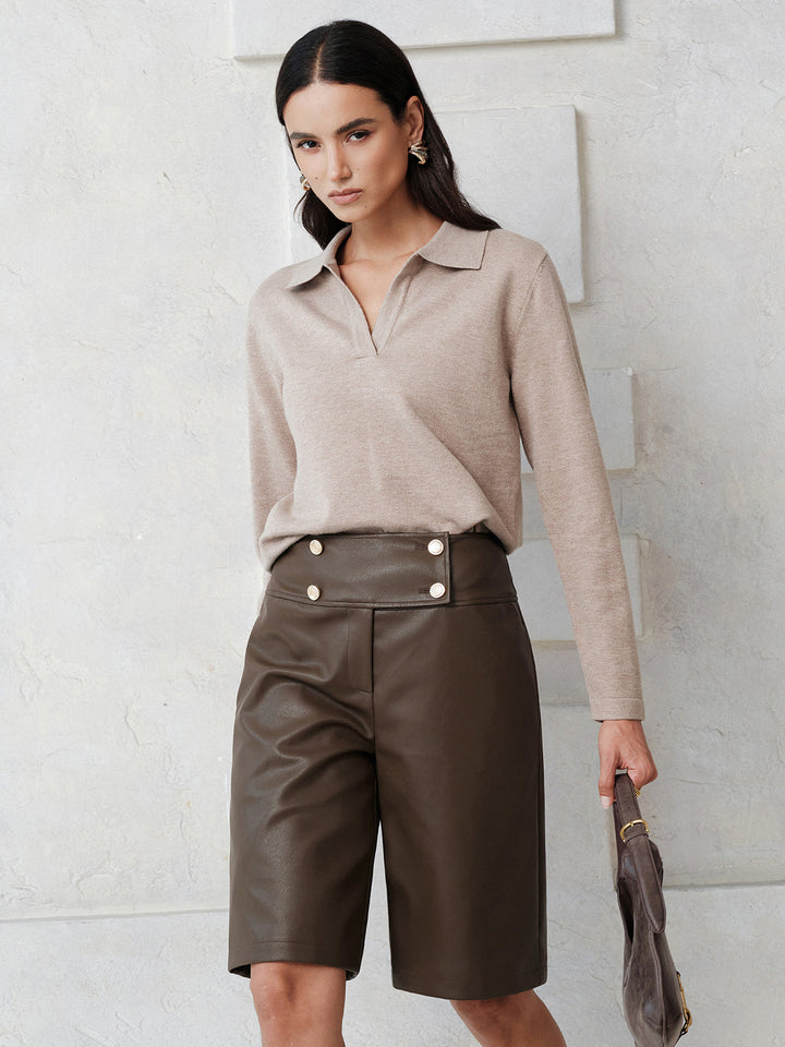 Double‑Breasted Faux Leather Bermuda Shorts