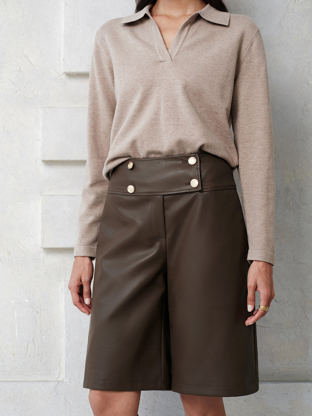Double‑Breasted Faux Leather Bermuda Shorts
