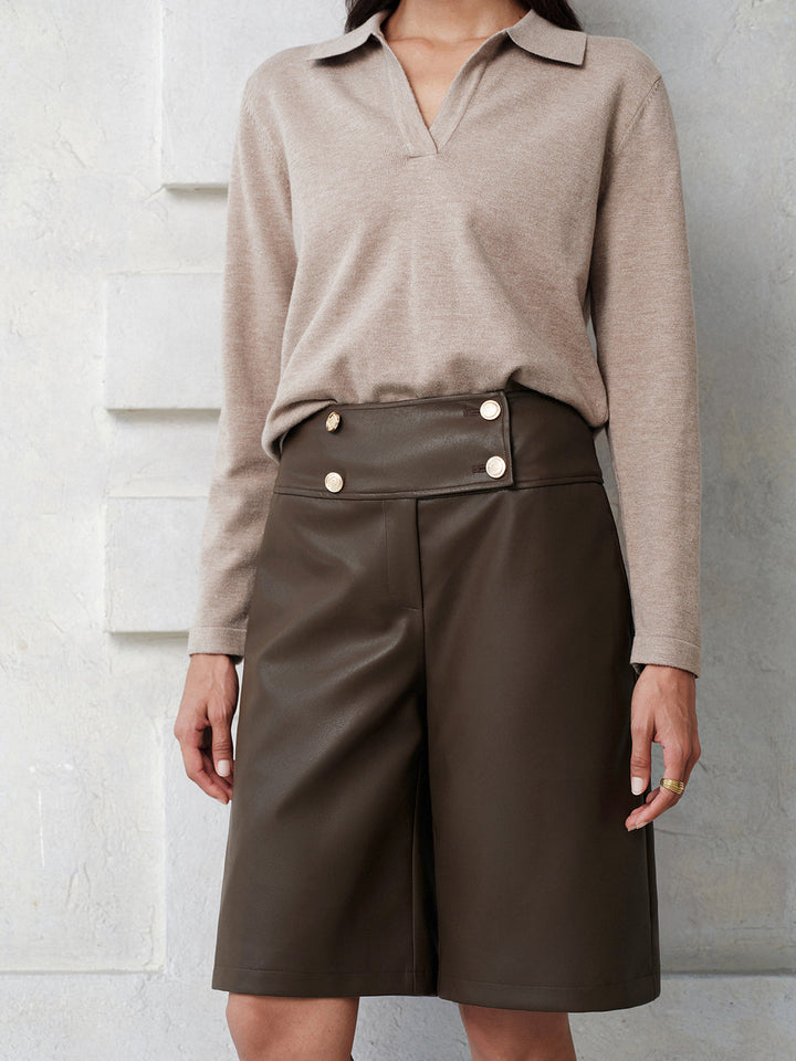 Double‑Breasted Faux Leather Bermuda Shorts