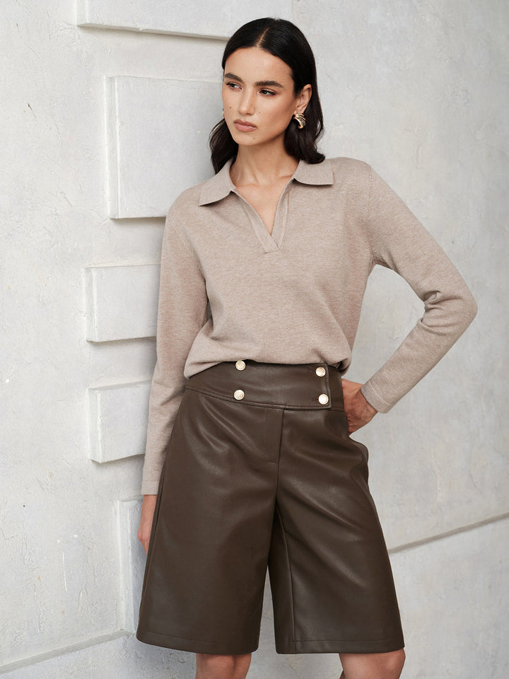 Double‑Breasted Faux Leather Bermuda Shorts