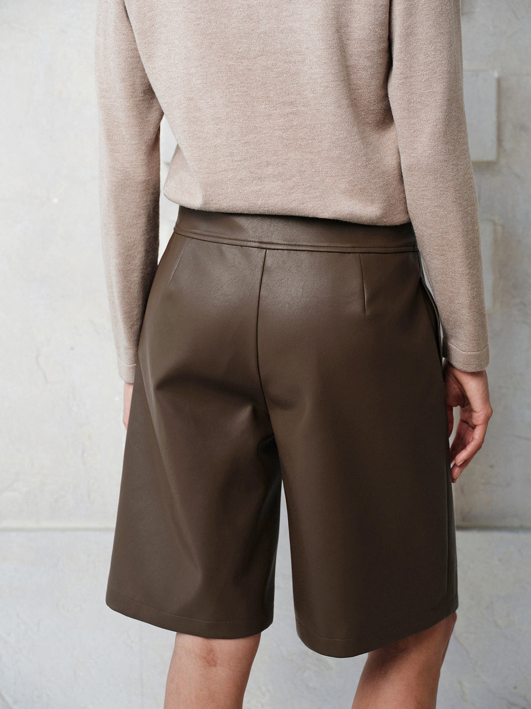 Double‑Breasted Faux Leather Bermuda Shorts