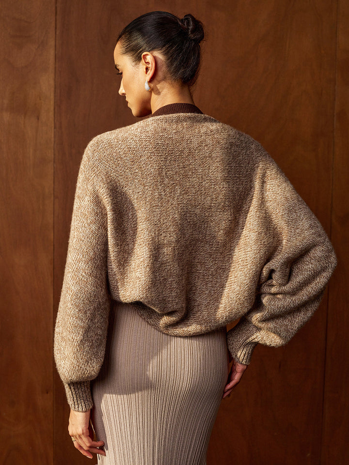 Wool Blend Contrast Trim Loose Knit Open Cardigan