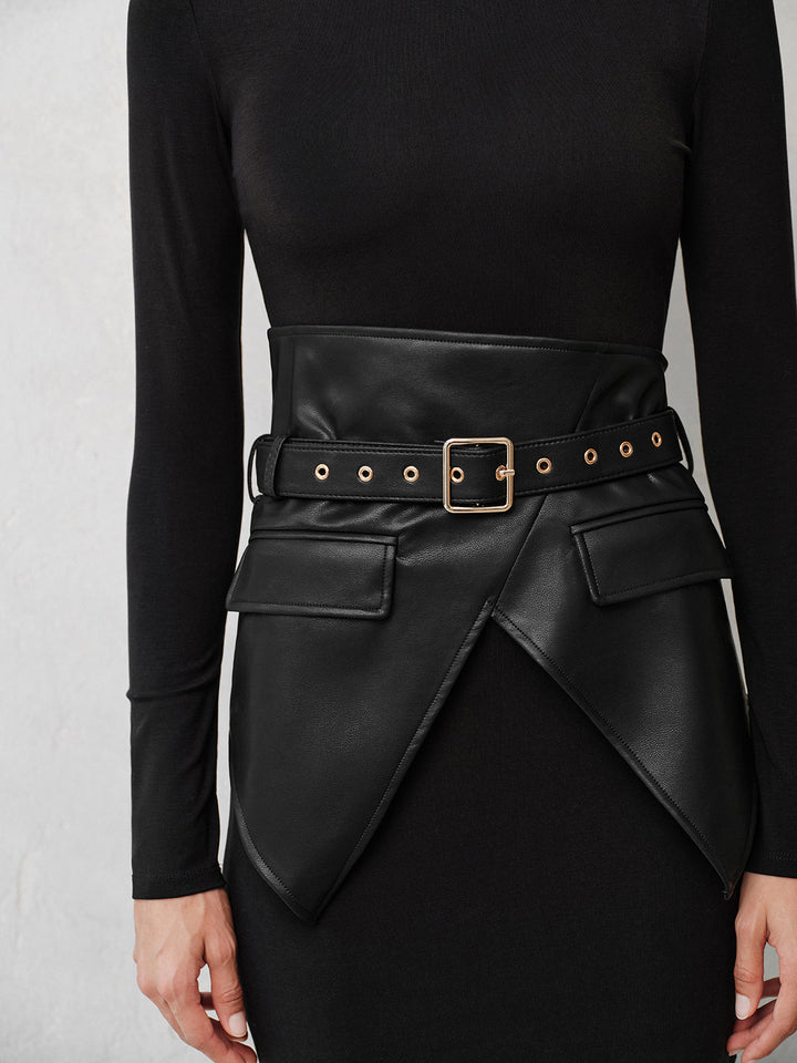 Faux‑Leather Corset Overlay Knit Dress