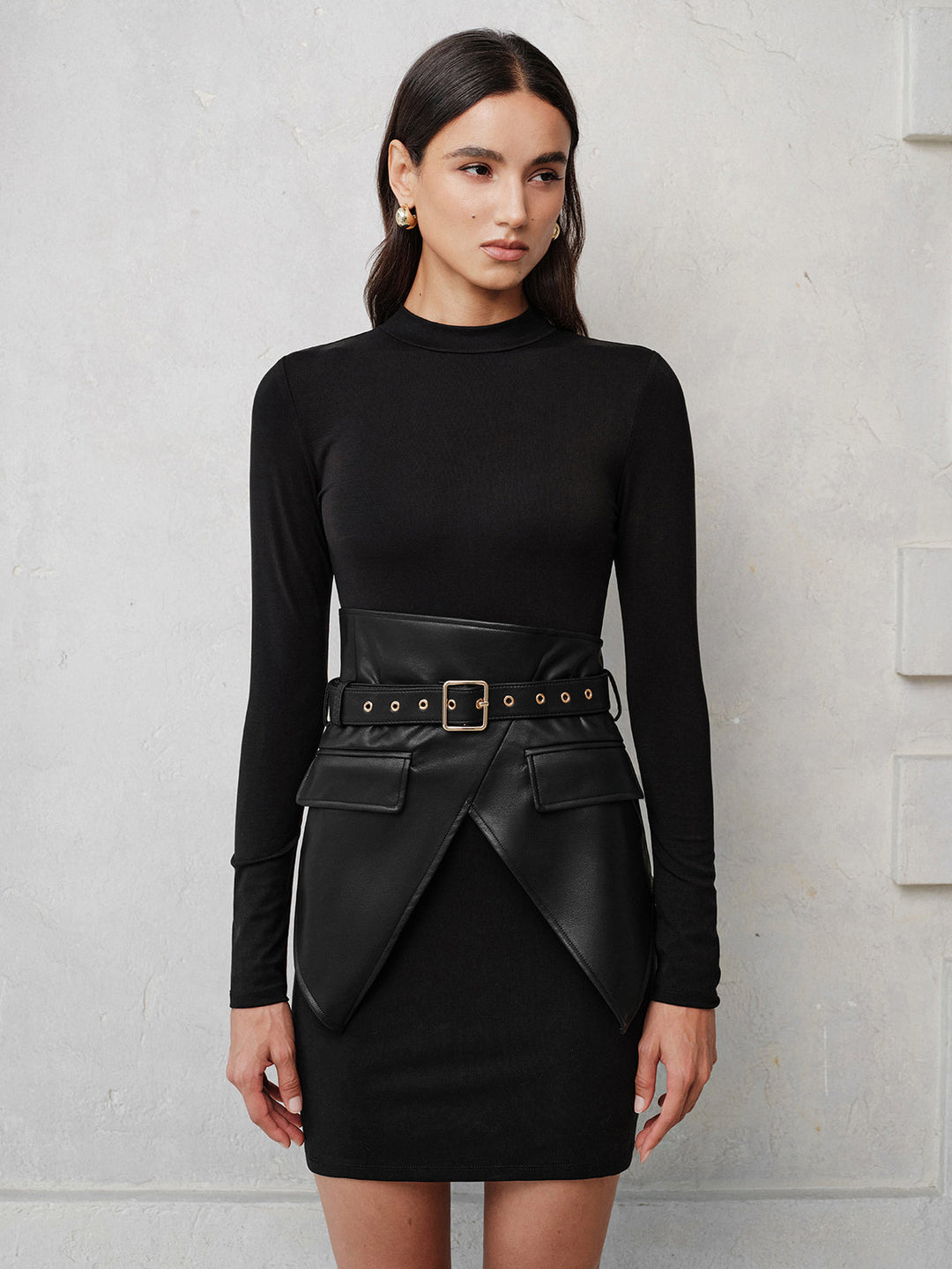 Faux‑Leather Corset Overlay Knit Dress