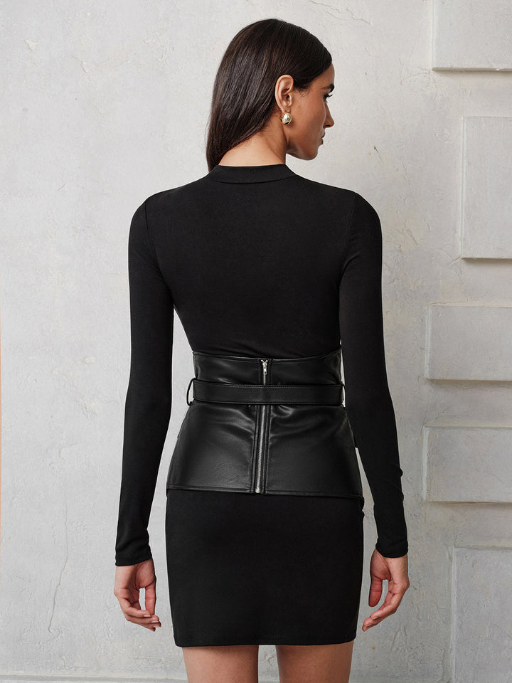 Faux‑Leather Corset Overlay Knit Dress