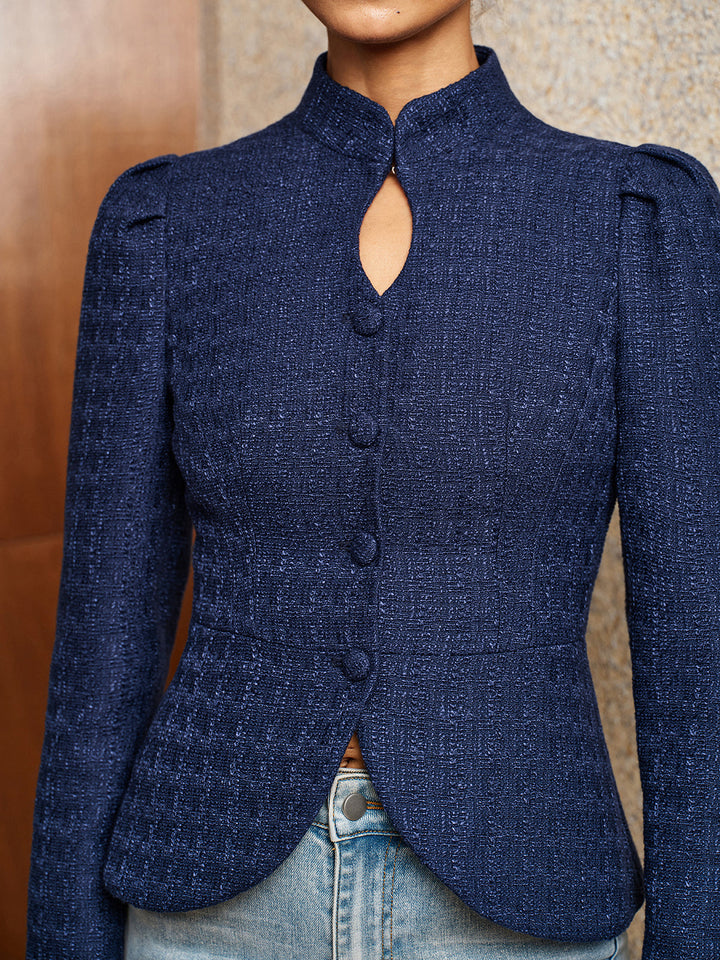 Keyhole Stand Collar Tweed Peplum Jacket