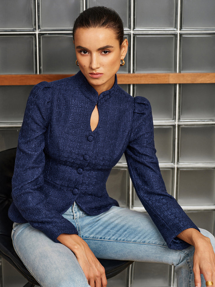 Keyhole Stand Collar Tweed Peplum Jacket