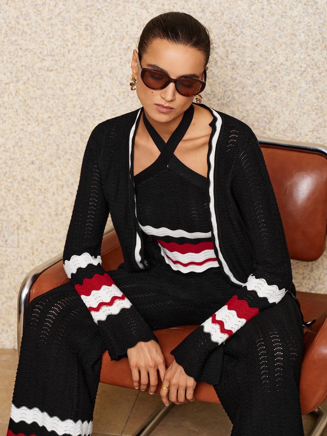 Color Block Wavy Knit Three Piece Outfit