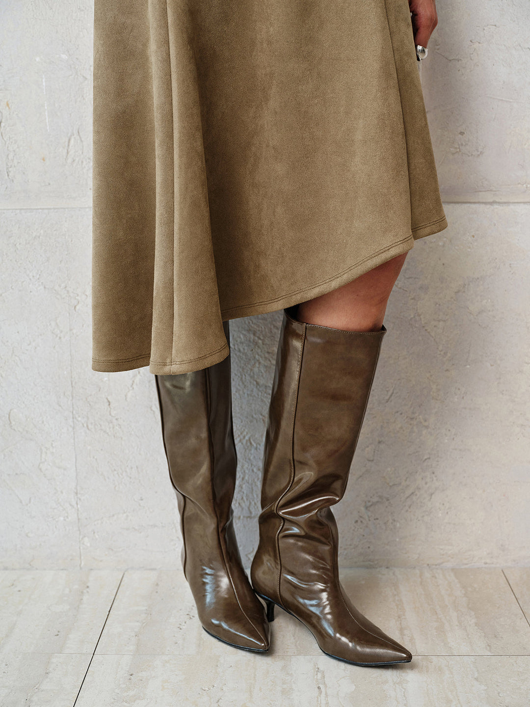 Faux Leather Patchwork Suede Effect Asymmetrical Skirt