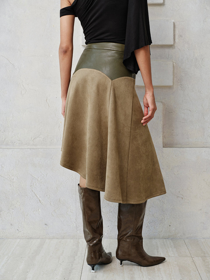 Faux Leather Patchwork Suede Effect Asymmetrical Skirt