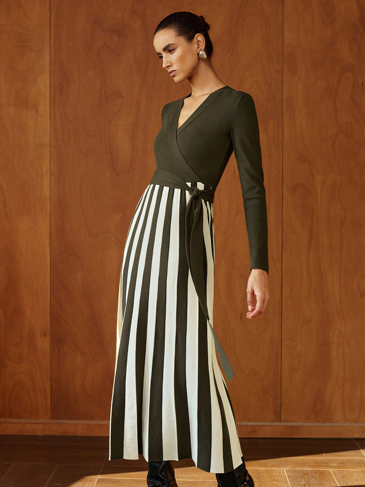 Color‑Block Stripe Wrap Knit Maxi Dress