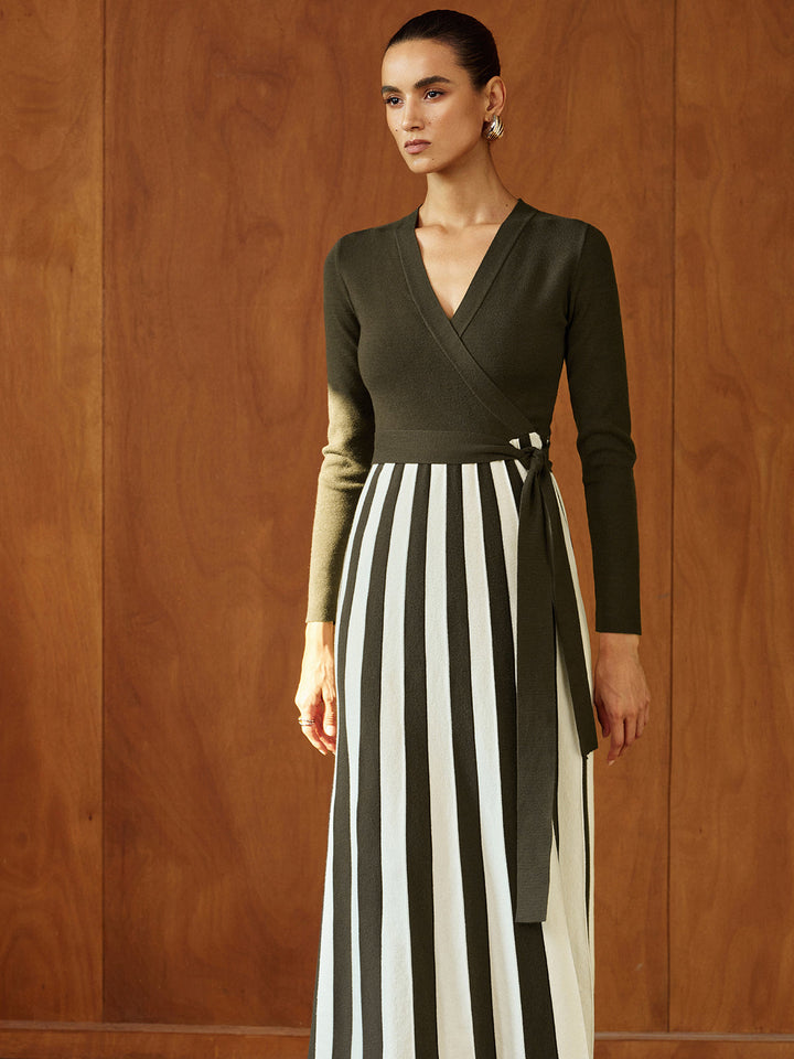 Color‑Block Stripe Wrap Knit Maxi Dress