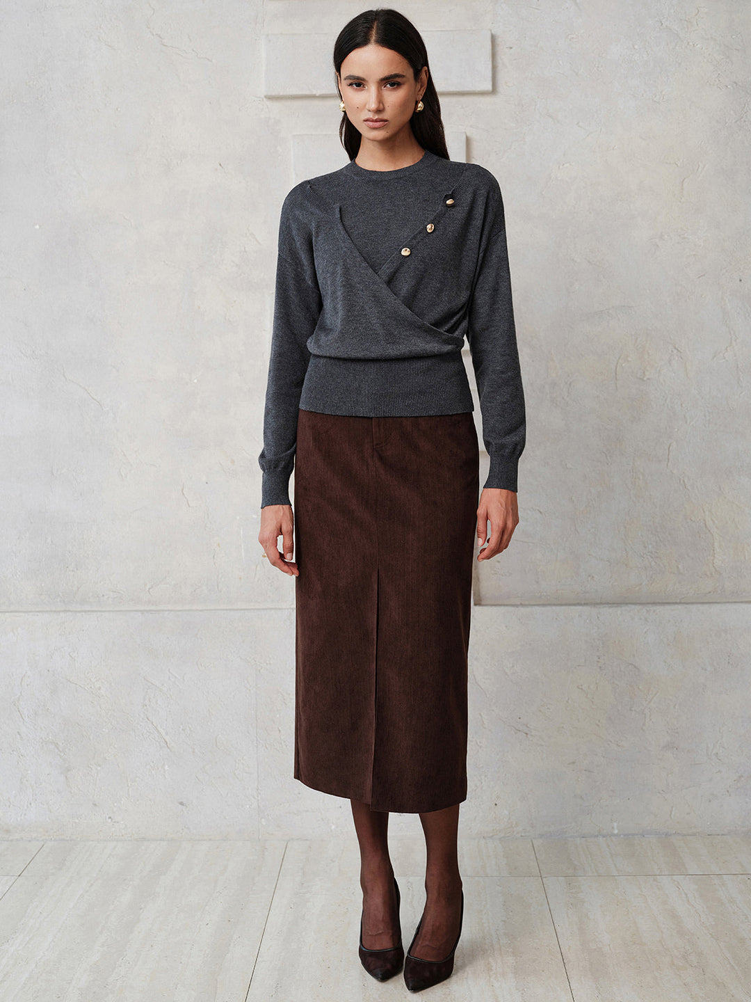 Button Detail Wrap‑Front Integrated Knit Top