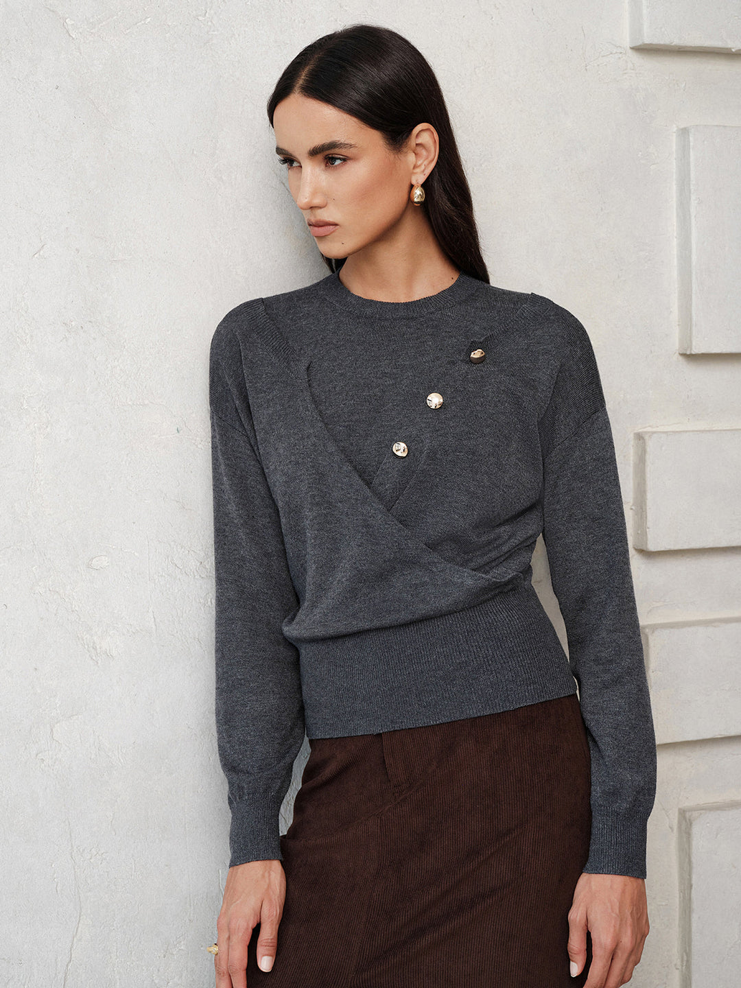 Button Detail Wrap‑Front Integrated Knit Top