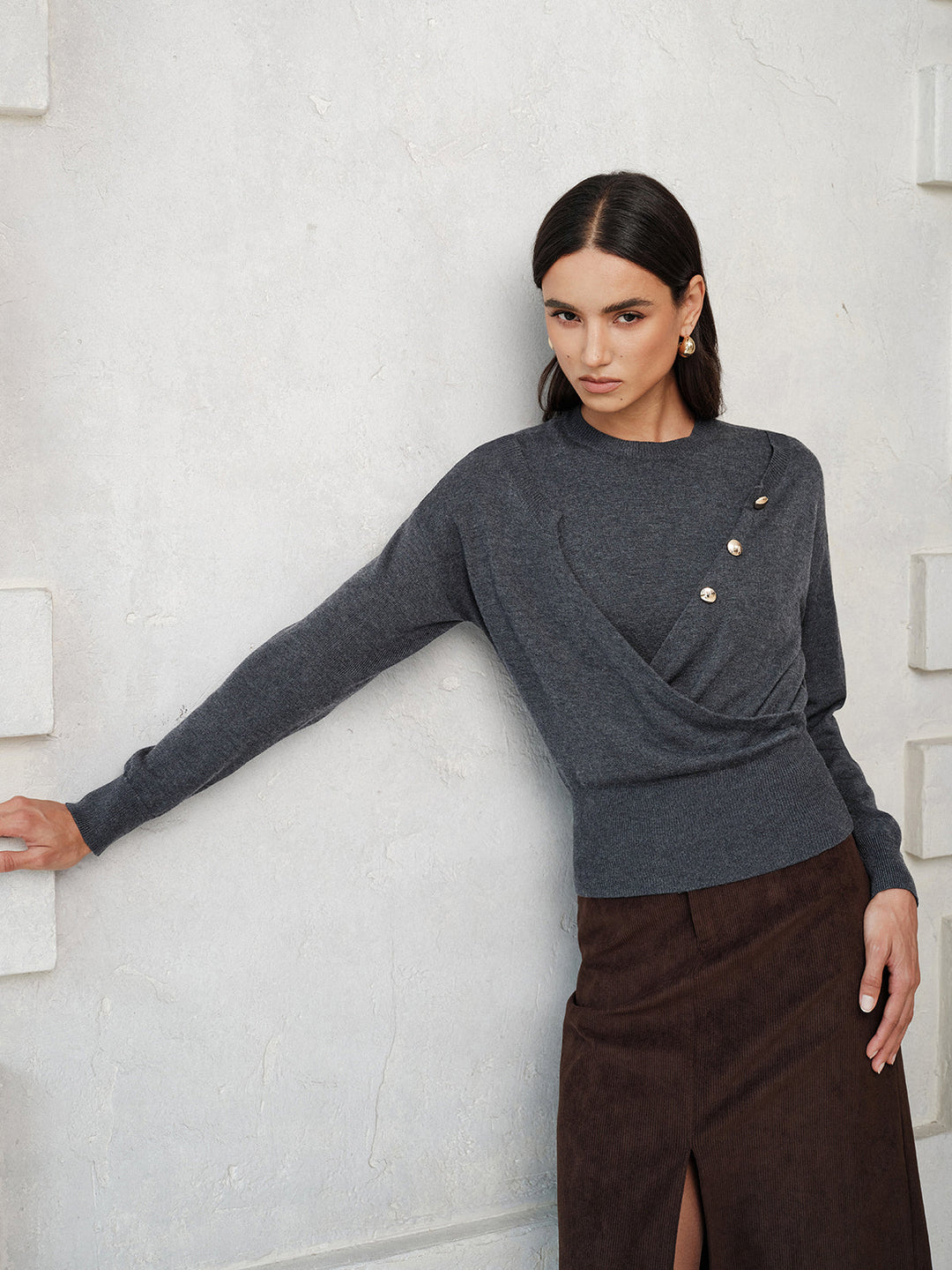 Button Detail Wrap‑Front Integrated Knit Top