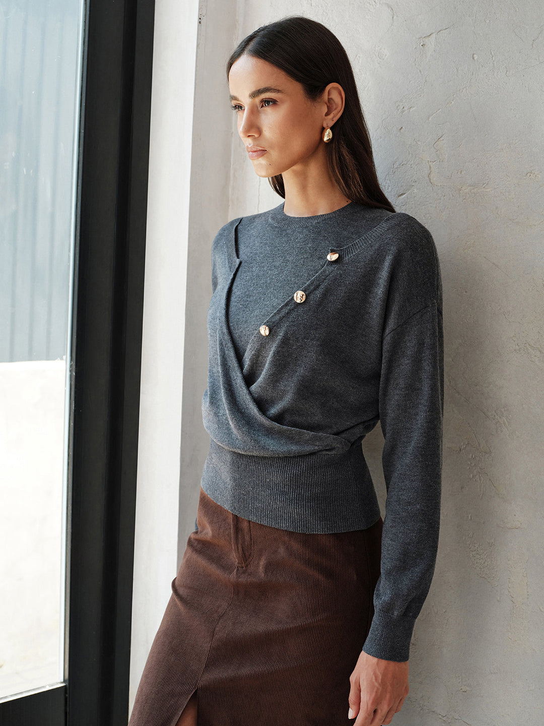 Button Detail Wrap‑Front Integrated Knit Top