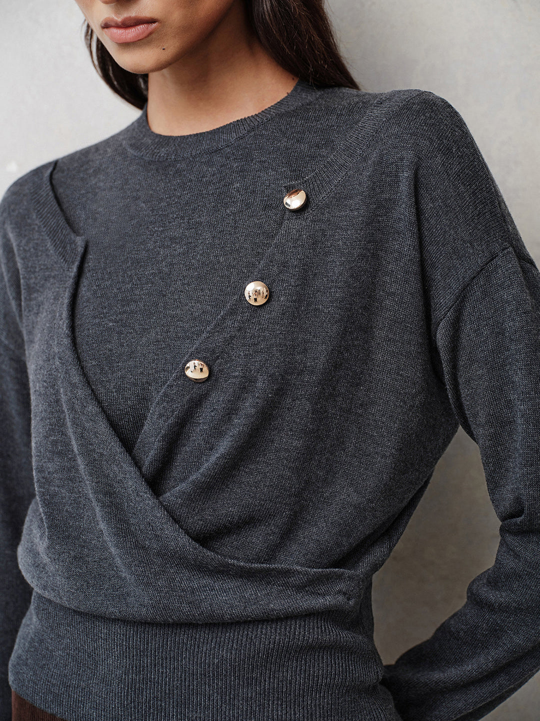 Button Detail Wrap‑Front Integrated Knit Top