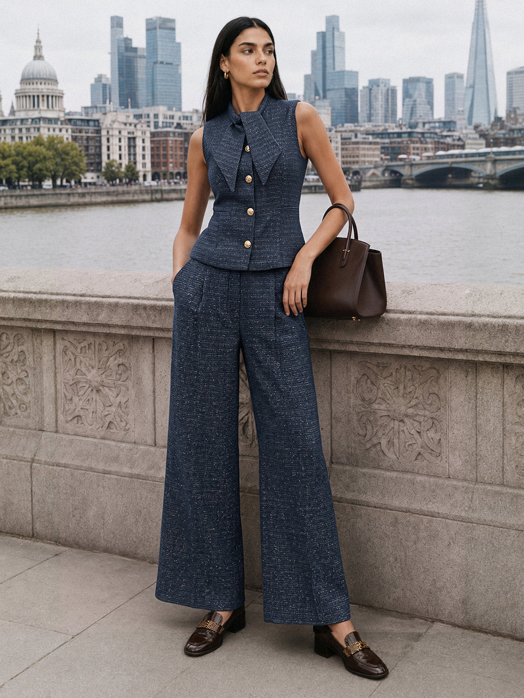 Bow Neck Tweed Vest Straight Leg Pants Set