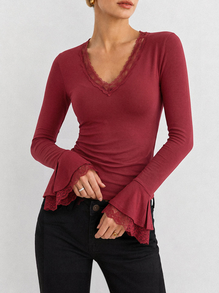 Lace V‑Neck Flare Sleeve Fitted Top
