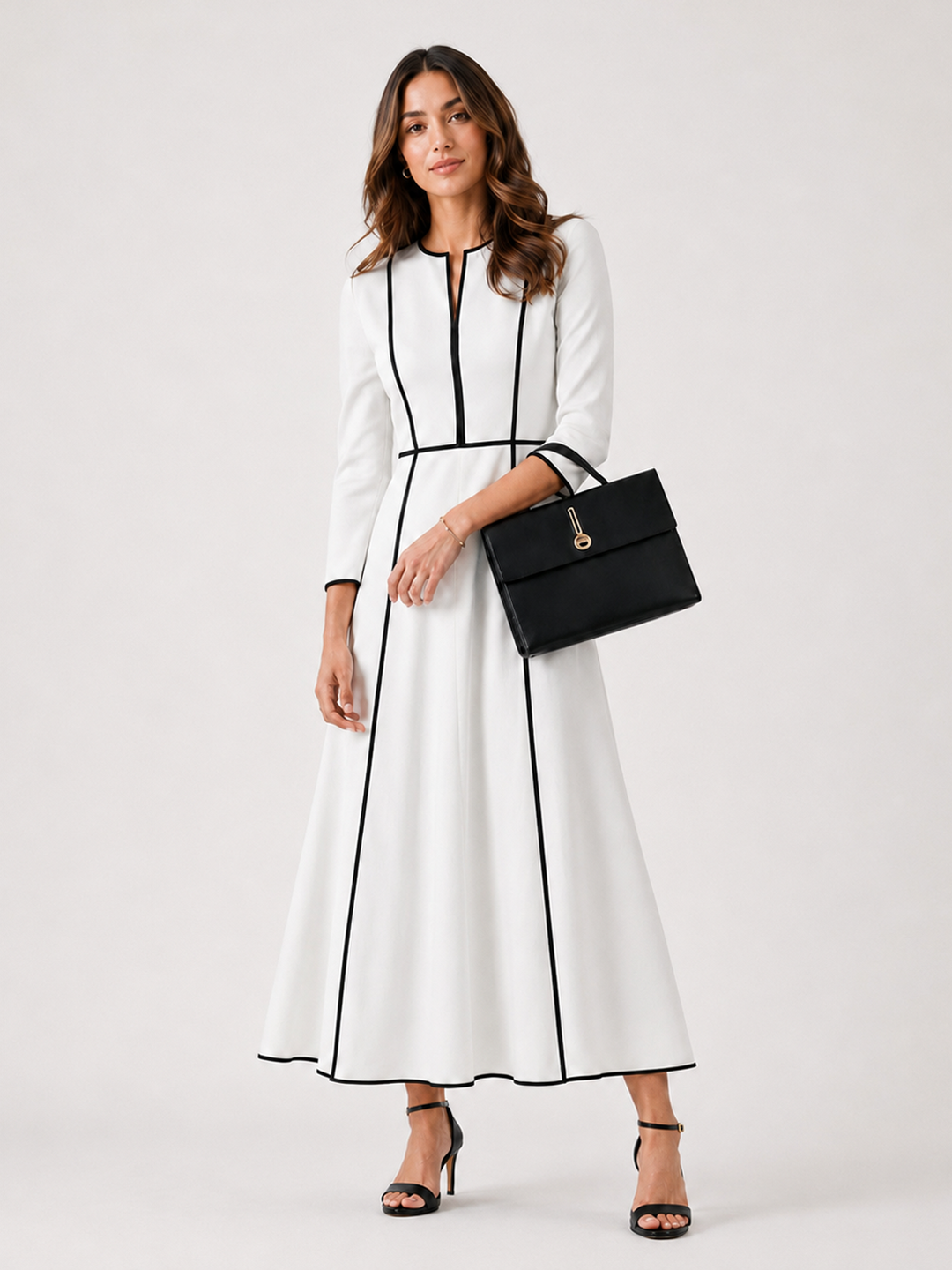 Contrast Piping Long Sleeve Midi A‑Line Dress