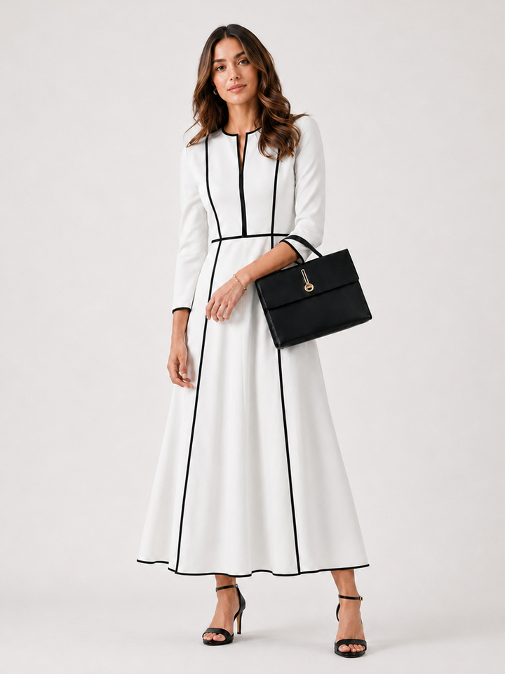 Contrast Piping Long Sleeve Midi A‑Line Dress
