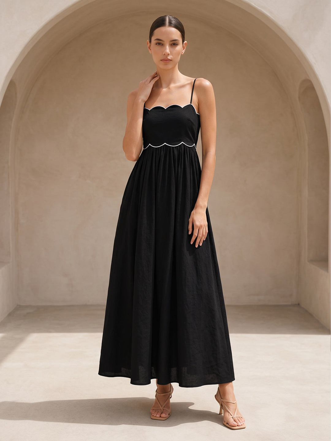 Scalloped Piping Cotton Cami Maxi Dress