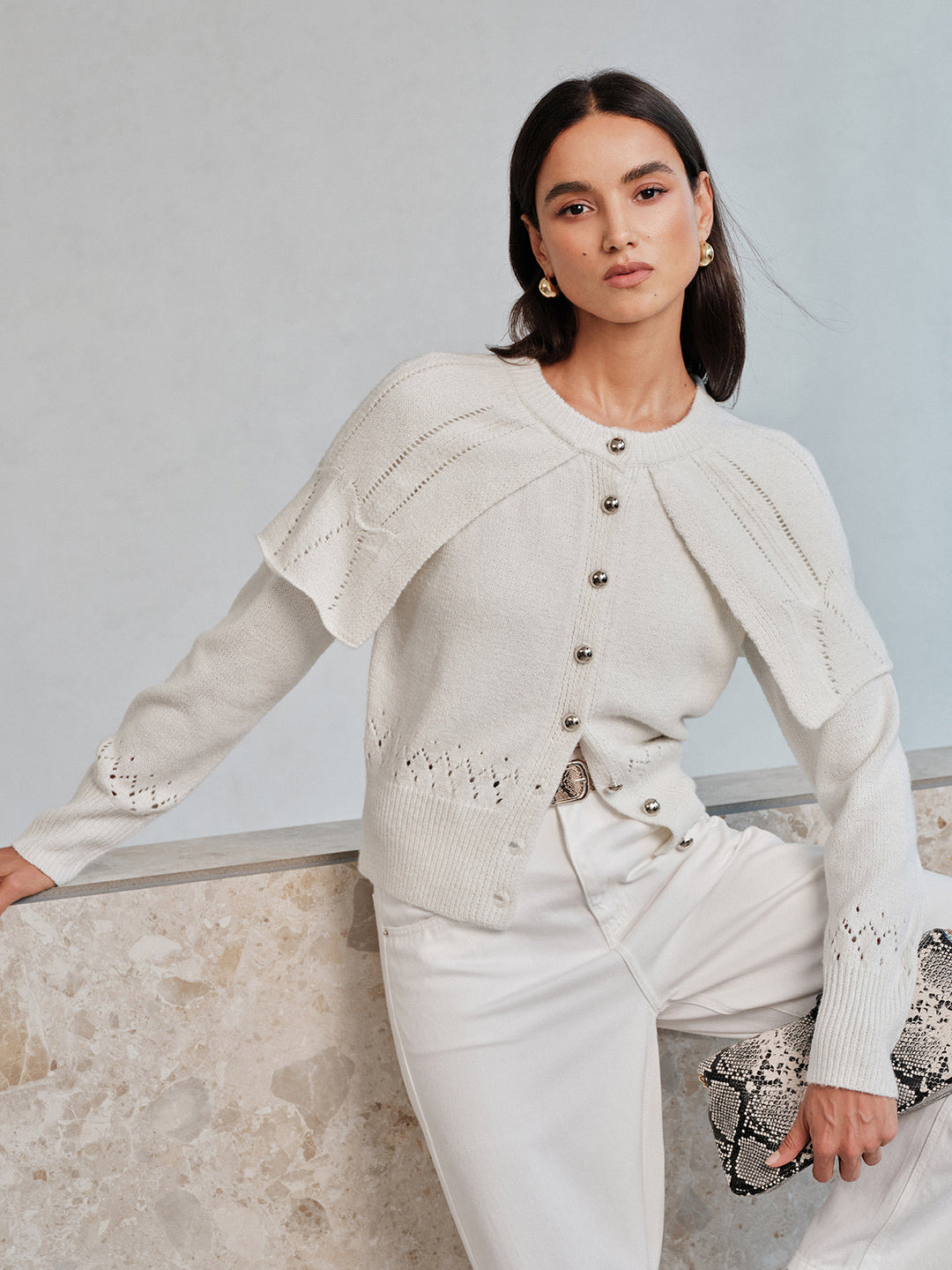 Ruffle Cape‑Detail Pointelle Knit Cardigan