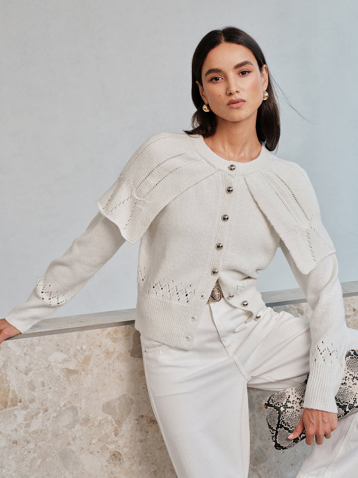 Ruffle Cape‑Detail Pointelle Knit Cardigan