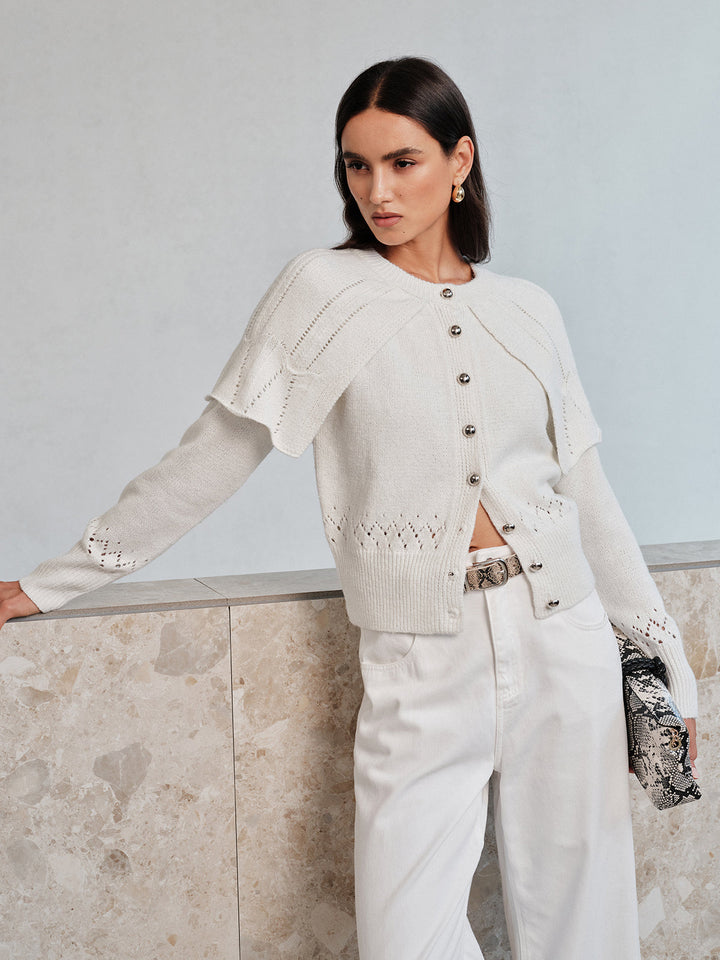 Ruffle Cape‑Detail Pointelle Knit Cardigan