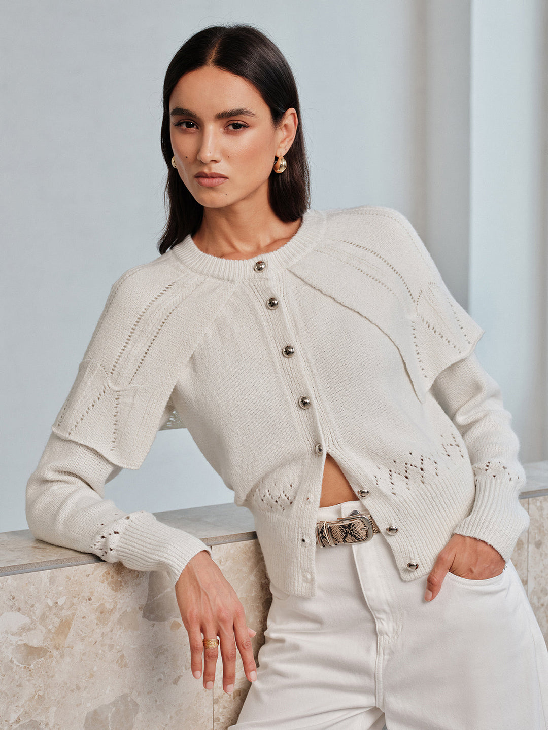 Ruffle Cape‑Detail Pointelle Knit Cardigan