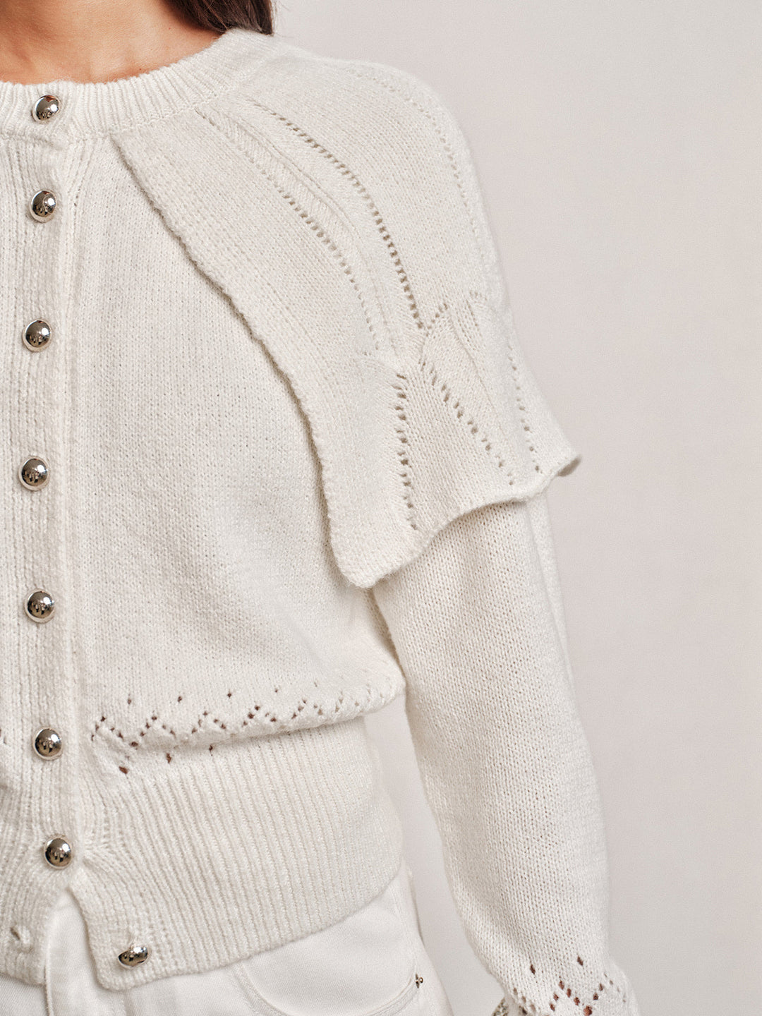 Ruffle Cape‑Detail Pointelle Knit Cardigan