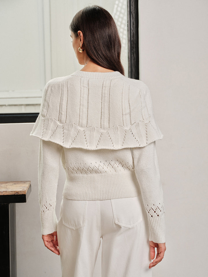 Ruffle Cape‑Detail Pointelle Knit Cardigan