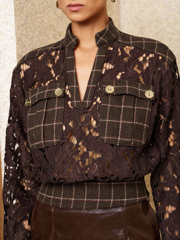 Plaid Patchwork Lace Long‑Sleeve Blouse