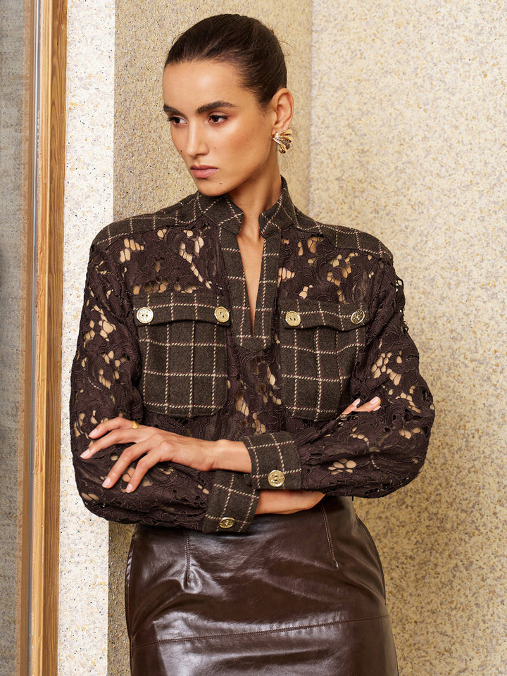 Plaid Patchwork Lace Long‑Sleeve Blouse