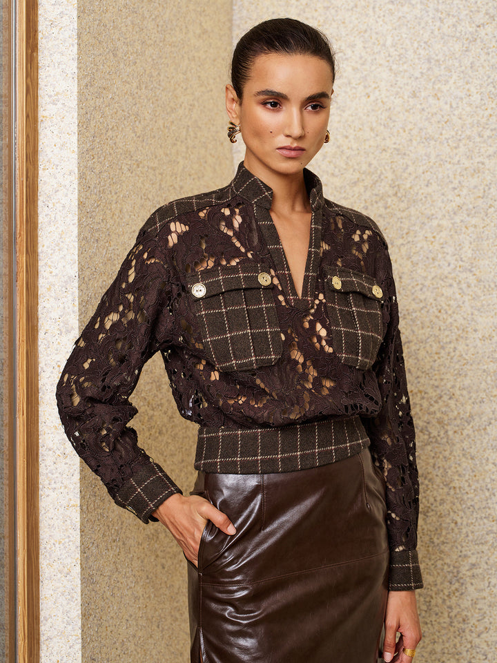 Plaid Patchwork Lace Long‑Sleeve Blouse
