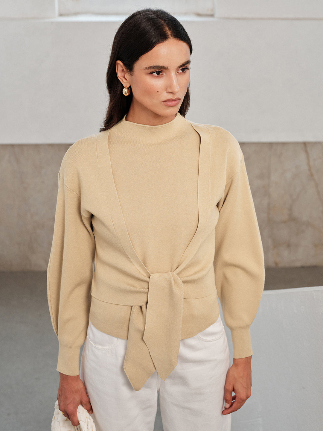 Tie‑Front Integrated Wrap Knit Top