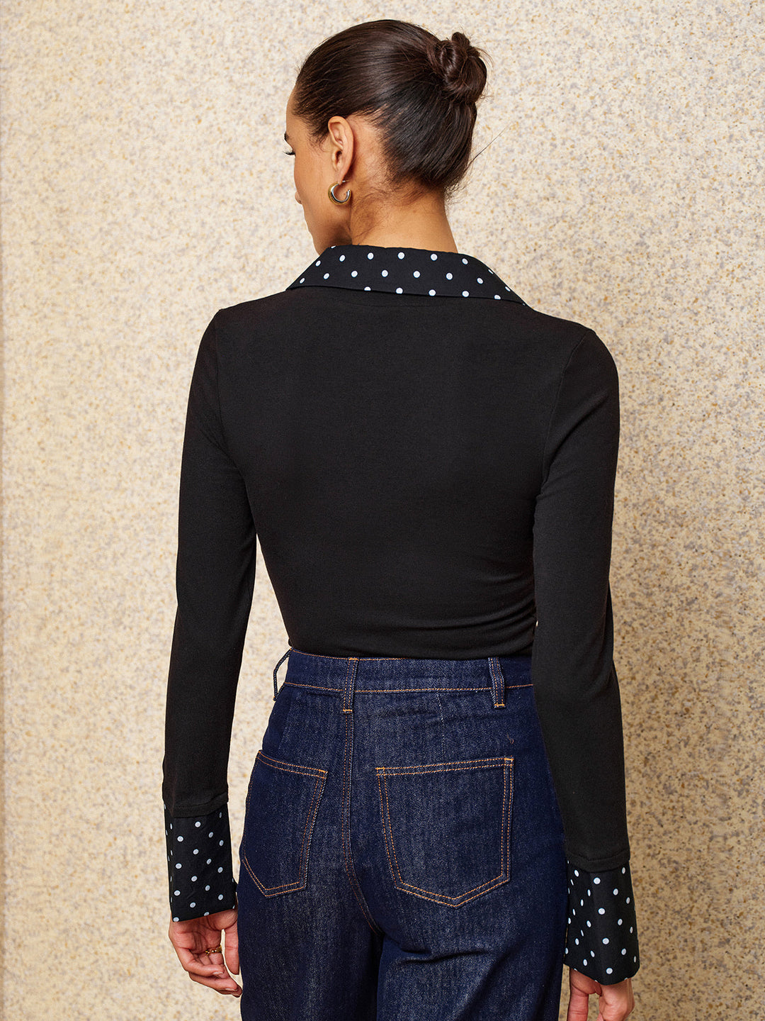 Polka Dot Collar Fake Two Piece Fitted Top