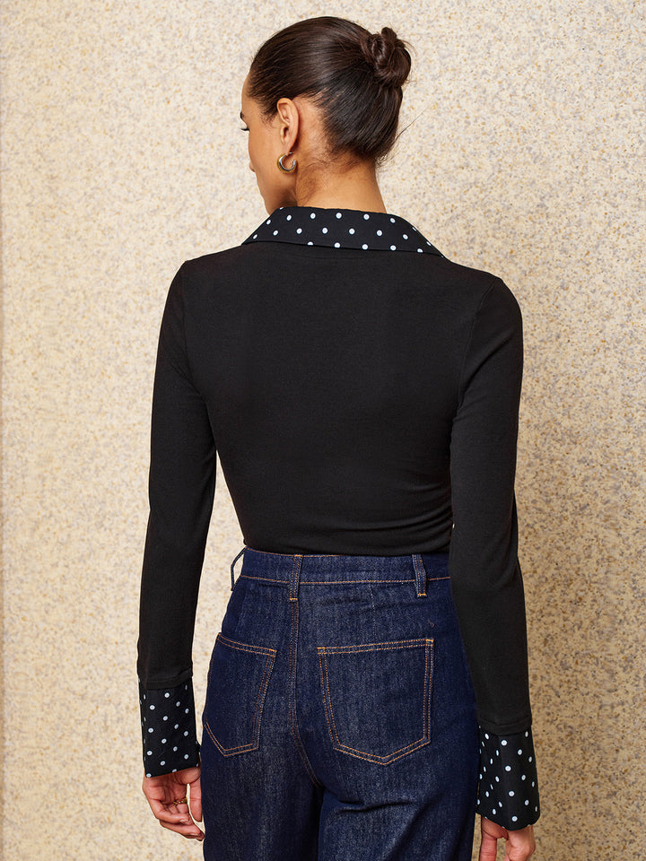 Polka Dot Collar Fake Two Piece Fitted Top