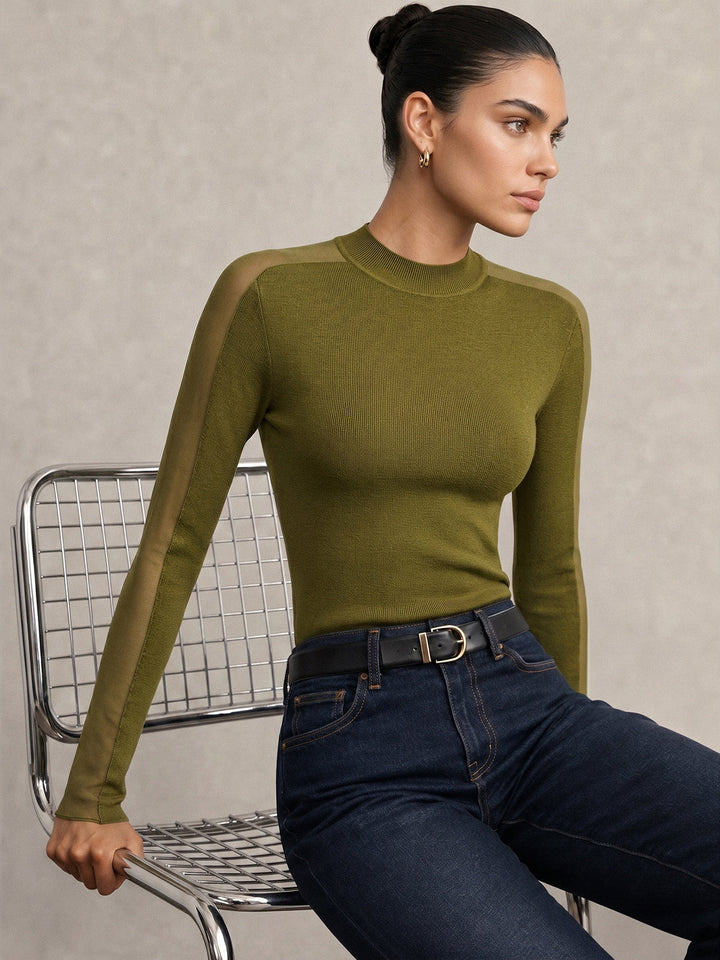 Mock Neck Sheer Panel Slim Knit Top