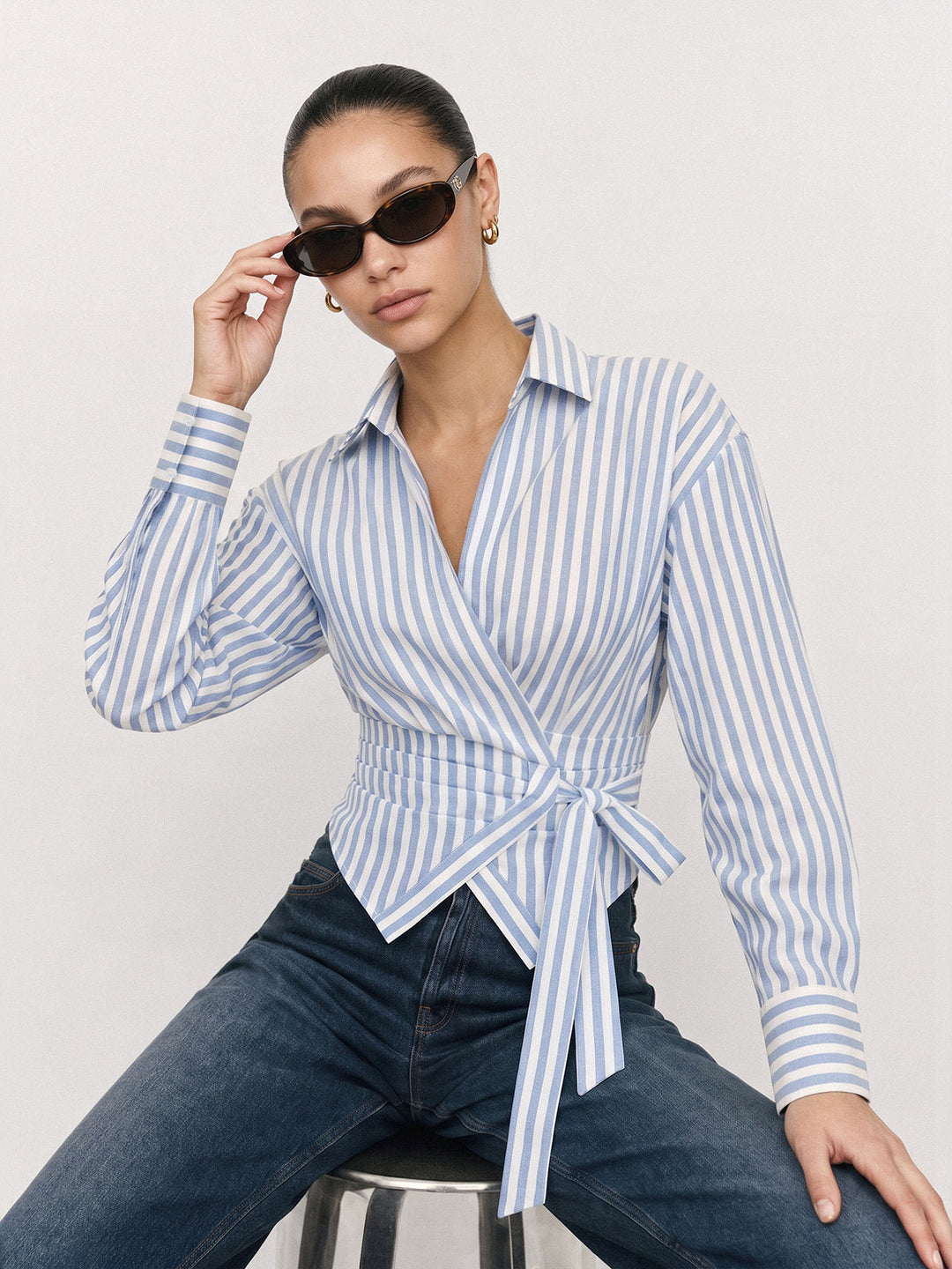 Striped Wrap Tie Waist Cropped Shirt