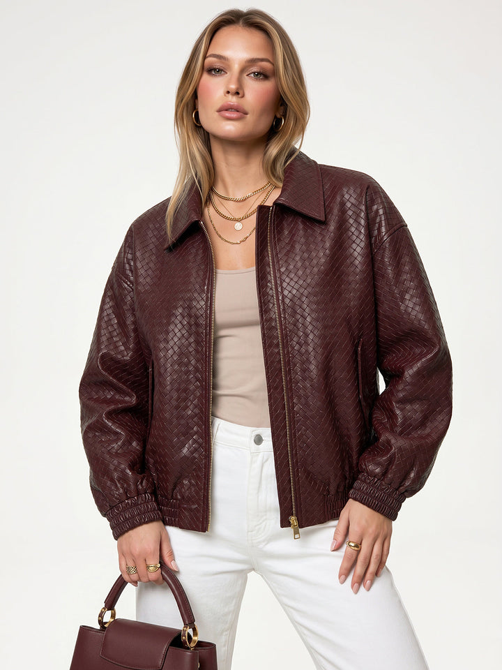 Woven Faux Leather Zip Bomber Jacket