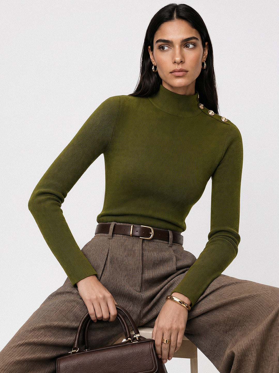 Mock Neck Shoulder Decorative Button Rib Knit Top