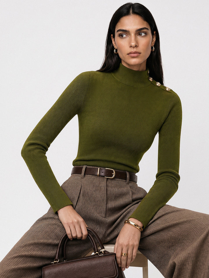 Mock Neck Shoulder Decorative Button Rib Knit Top