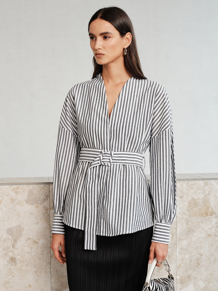 Stripe Belted Slit‑Sleeve Wrap Blouse