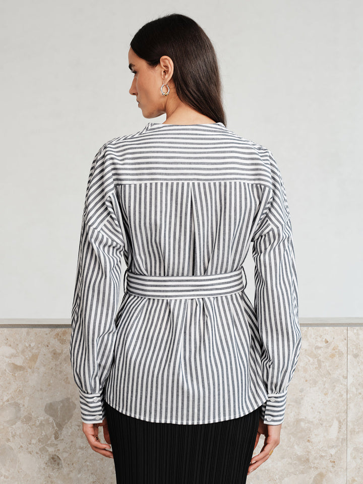 Stripe Belted Slit‑Sleeve Wrap Blouse