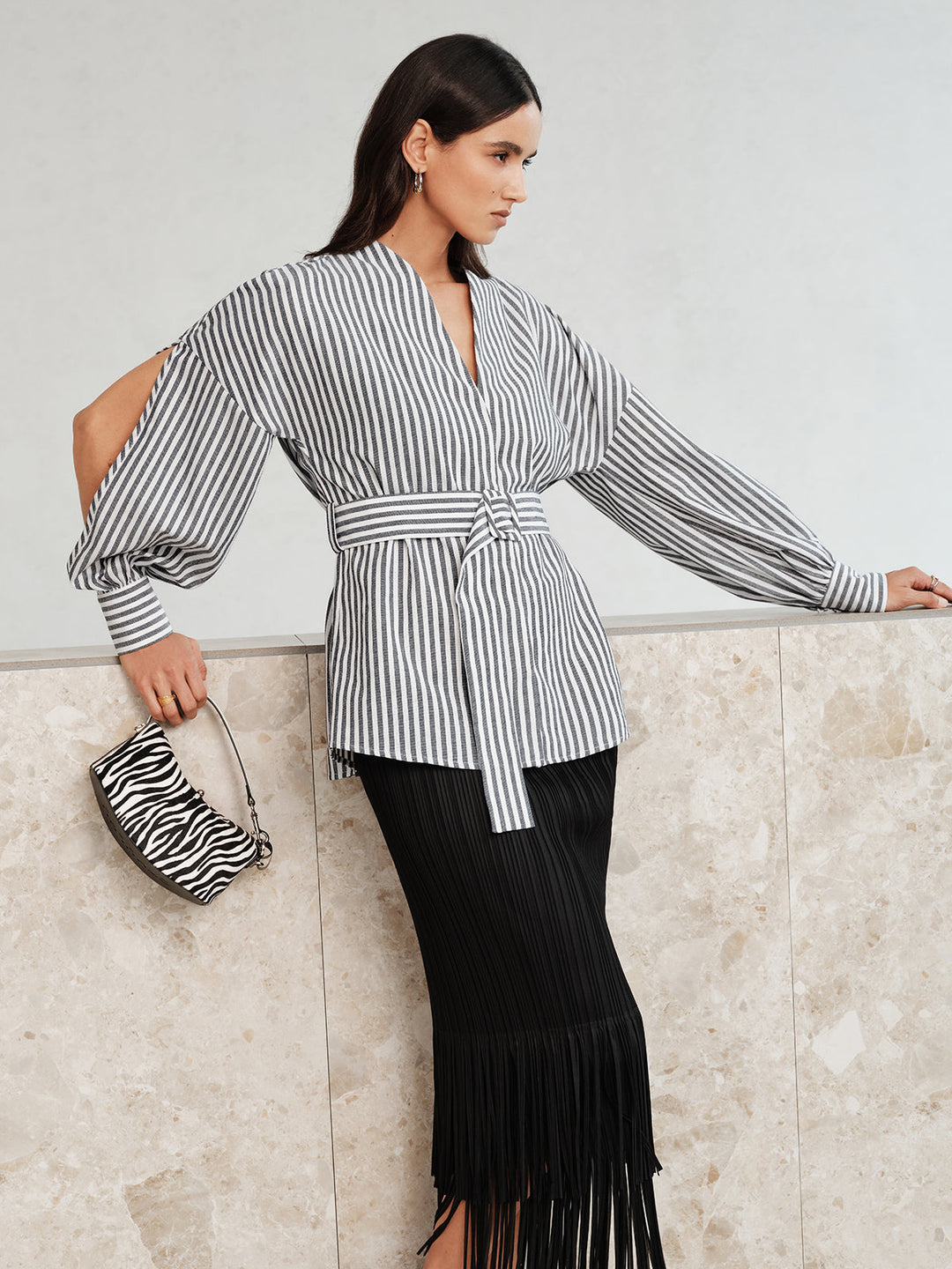 Stripe Belted Slit‑Sleeve Wrap Blouse