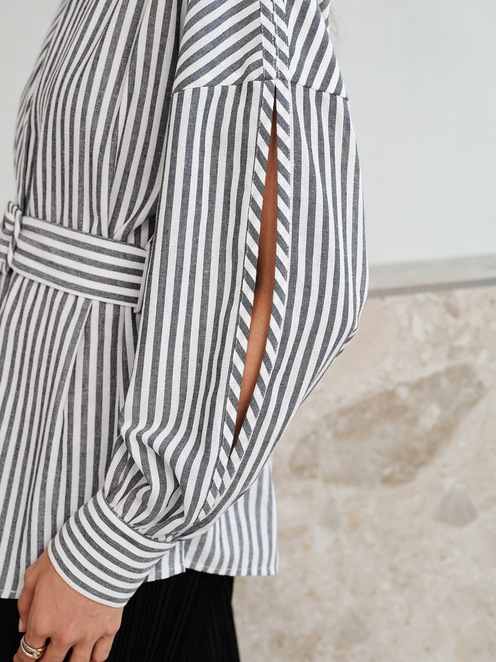 Stripe Belted Slit‑Sleeve Wrap Blouse
