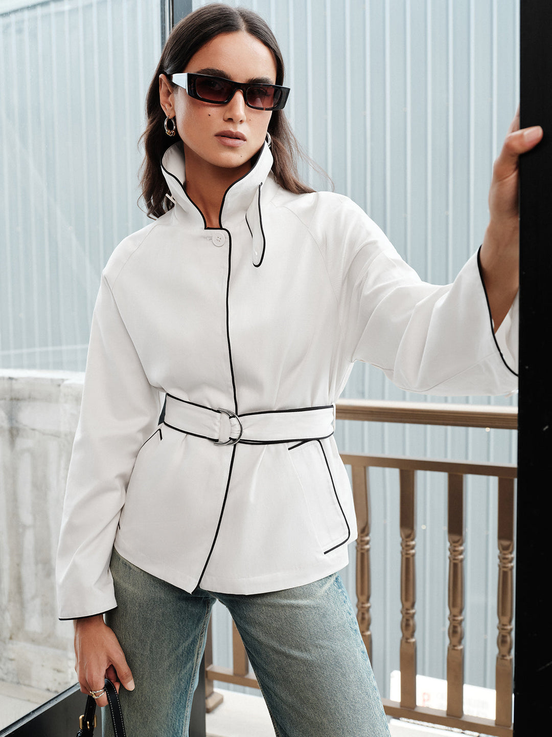 Contrast Piping Belted Short Trench